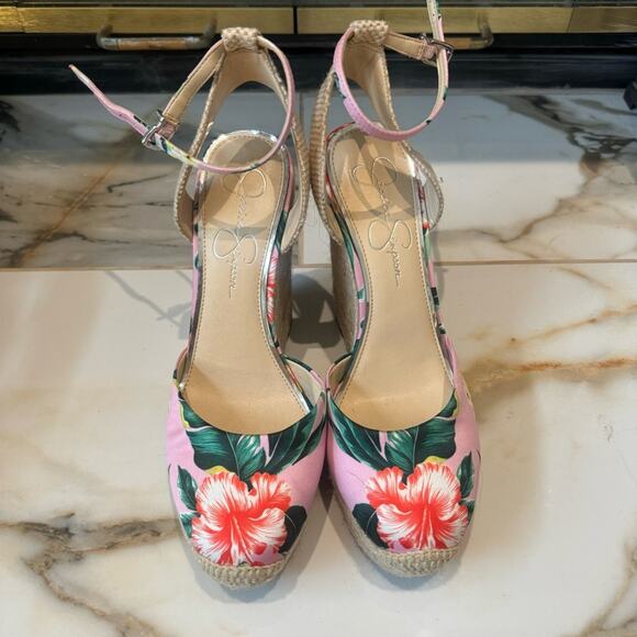 Jessica Simpson Women's Pink Green floral espadrille wedge heel sandals Size 9.5 - Picture 2 of 6